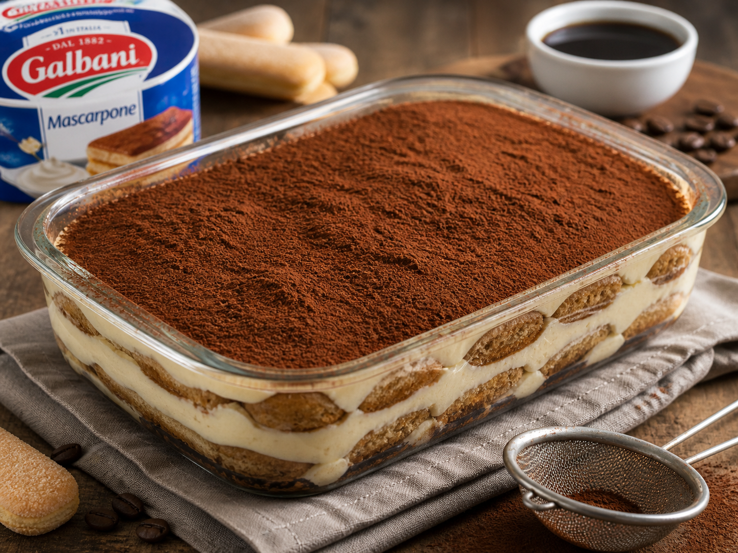 Tiramisu Galbani saupoudré de cacao amer dans un plat en verre