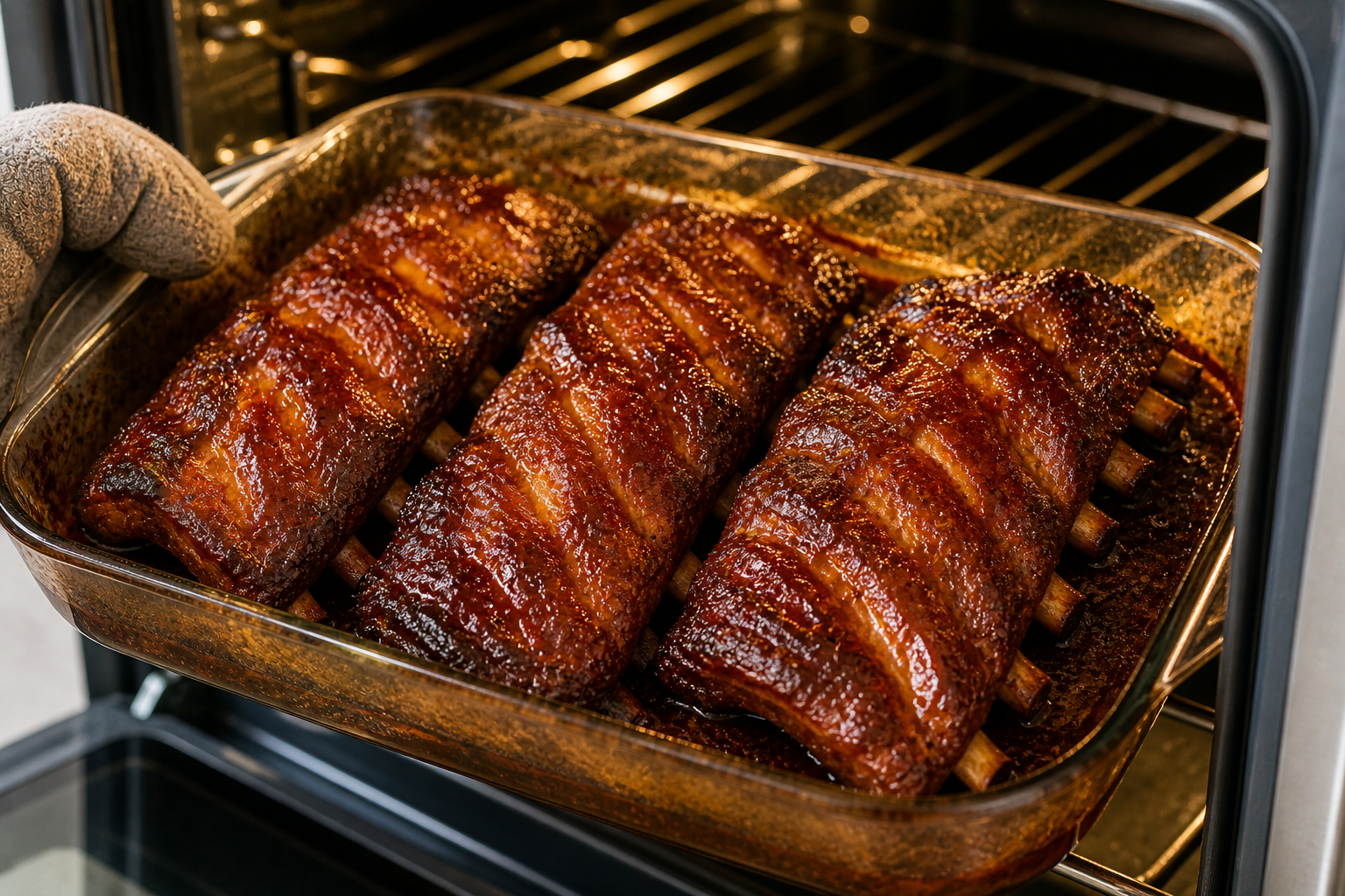 Travers de porc caramélisés et fondants sortant du four dans un plat