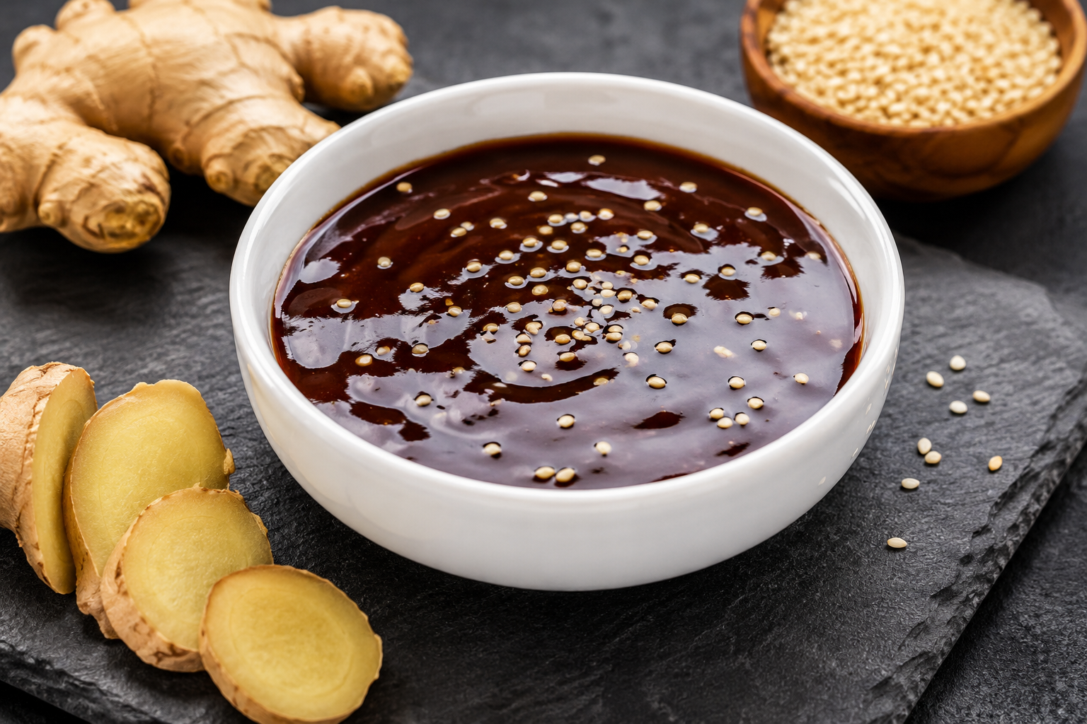 Sauce teriyaki brillante dans un bol blanc avec des graines de sésame et du gingembre
