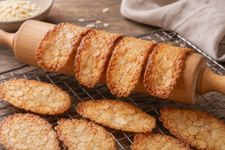 Tuiles aux amandes dorées et croustillantes refroidissant sur un rouleau à pâtisserie