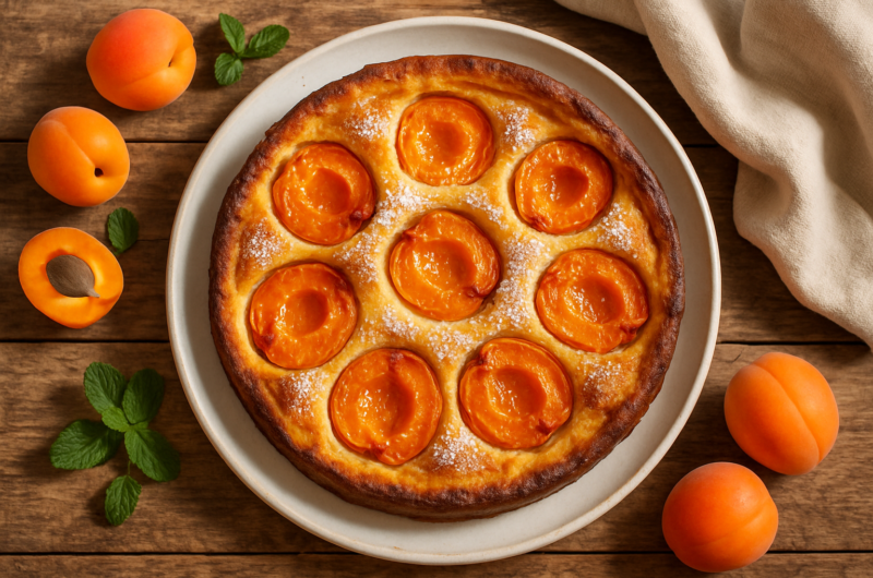 Clafoutis aux abricots doré dans un plat à tarte avec abricots fondants apparents