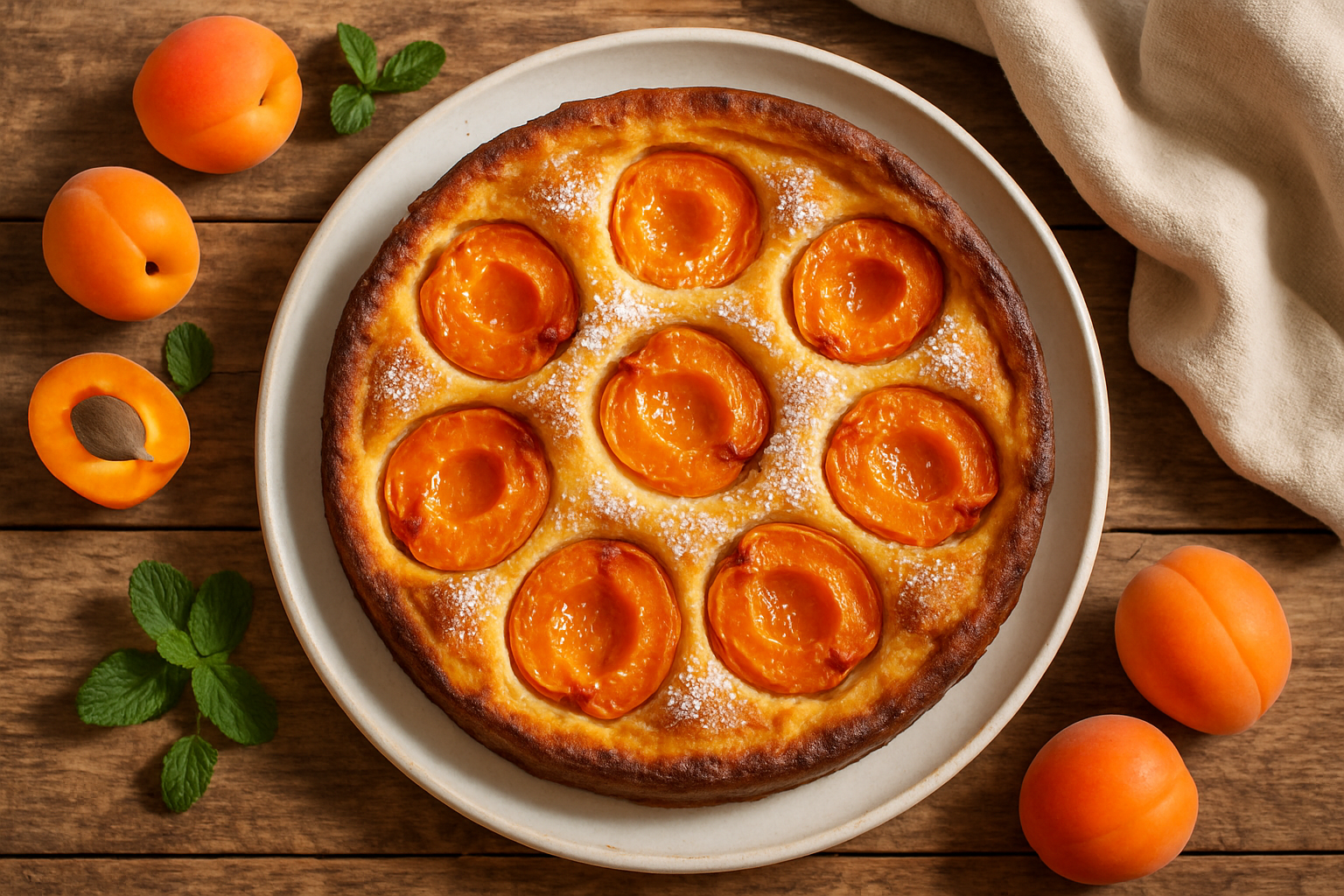 Clafoutis aux abricots doré dans un plat à tarte avec abricots fondants apparents