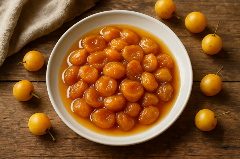 Pot de confiture de mirabelles maison avec des mirabelles fraîches autour