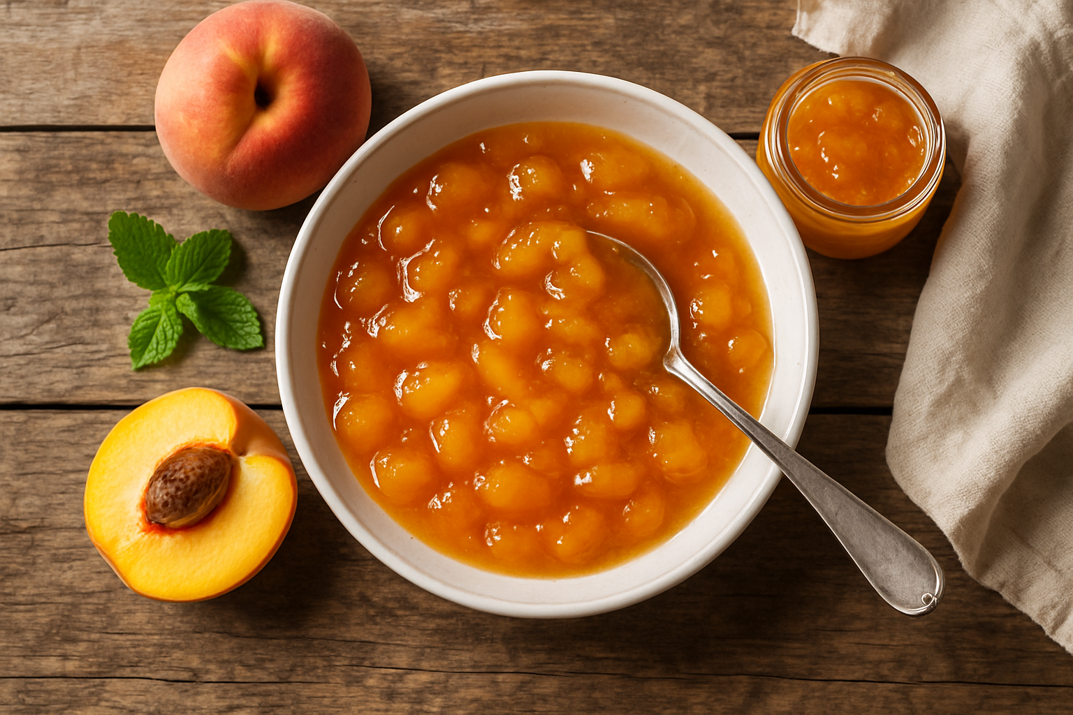 Pots de confiture de pêches maison avec pêches fraîches et étiquettes artisanales