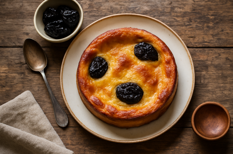 Part de far breton aux pruneaux dorée sur une assiette blanche