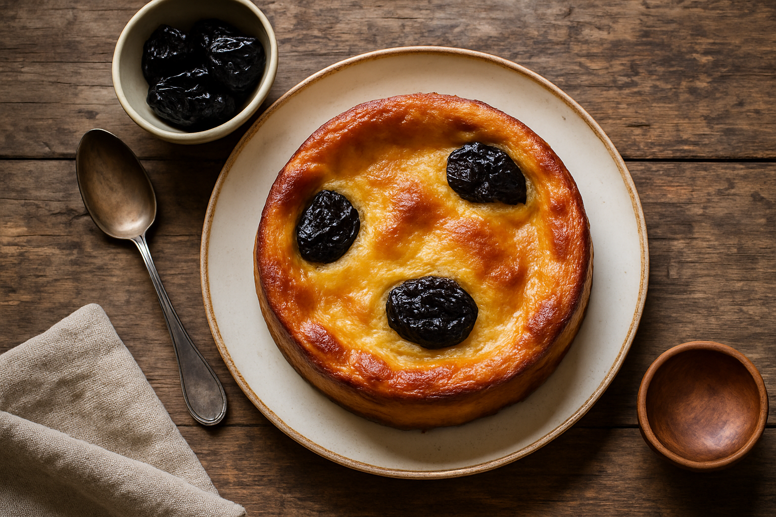 Part de far breton aux pruneaux dorée sur une assiette blanche