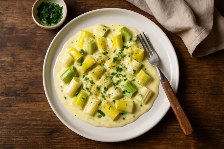 Poireaux fondus et dorés dans une poêle avec crème fraîche
