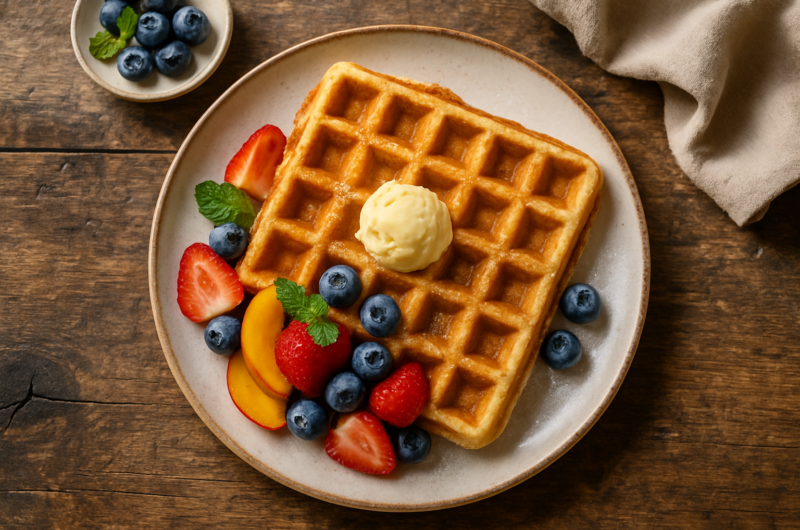 Gaufres dorées et croustillantes empilées avec du sucre glace et des fruits rouges