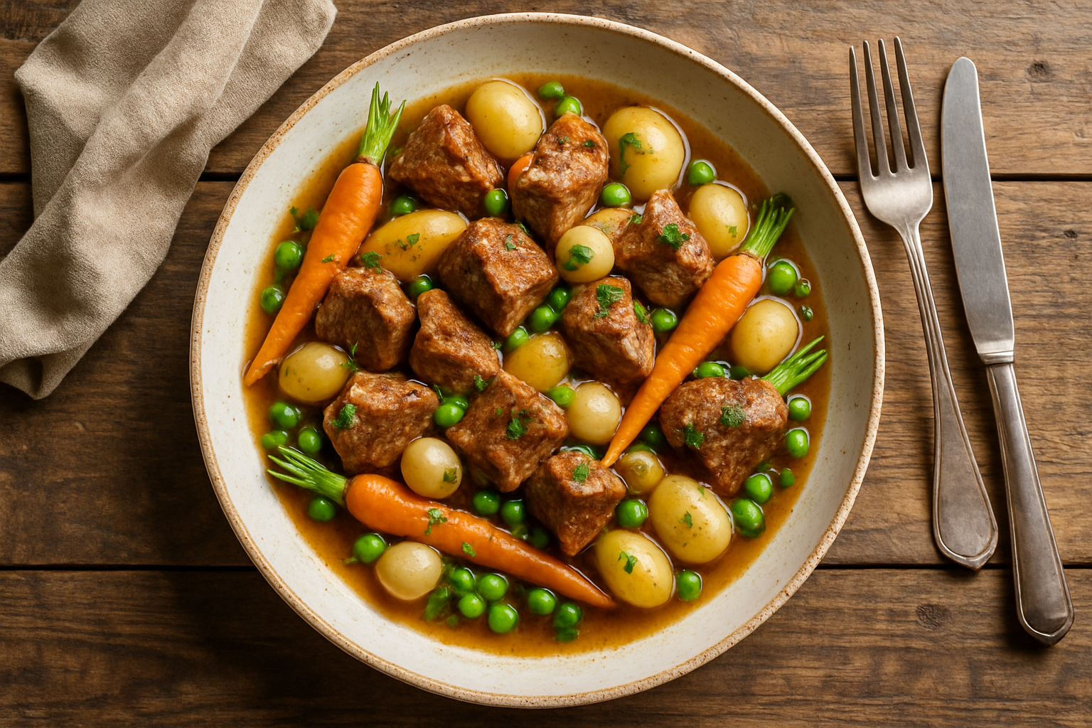 Navarin d'agneau mijoté avec carottes, navets et petits pois dans une cocotte en fonte