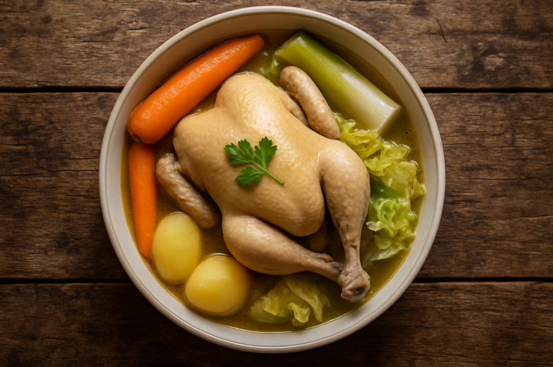 Poule au pot mijotée dans une grande cocotte avec carottes, poireaux et navets