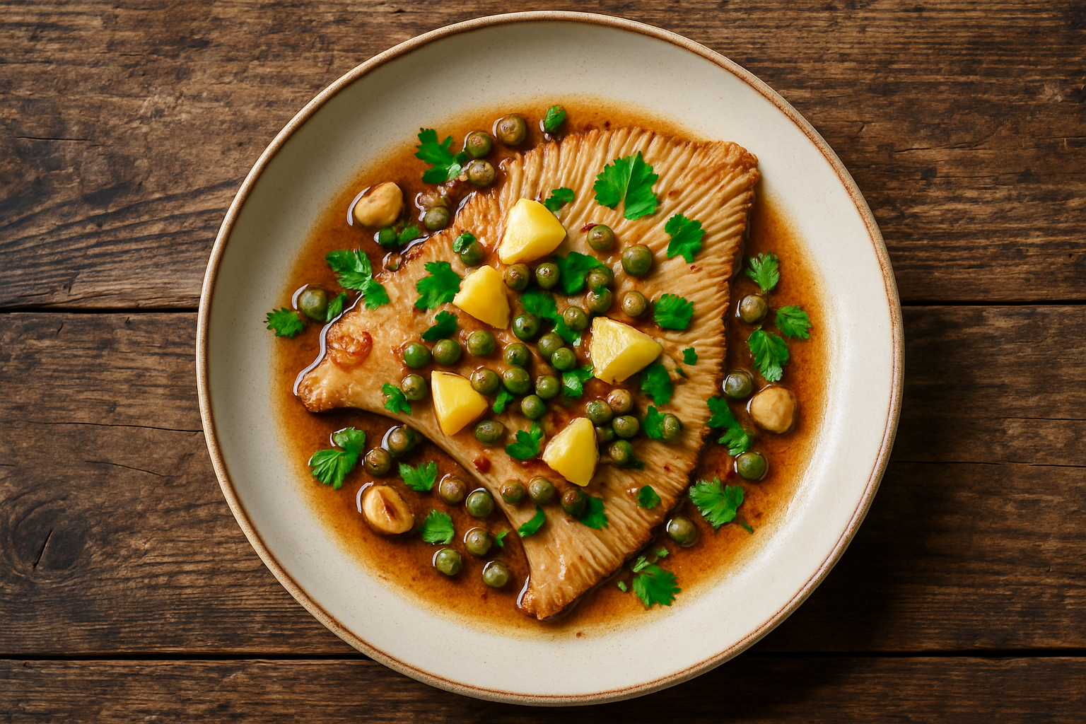 Aile de raie dorée à la poêle avec beurre noisette et câpres sur une assiette blanche