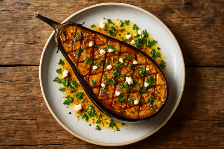 Moitiés d'aubergines rôties au four avec ail, huile d'olive et herbes fraîches