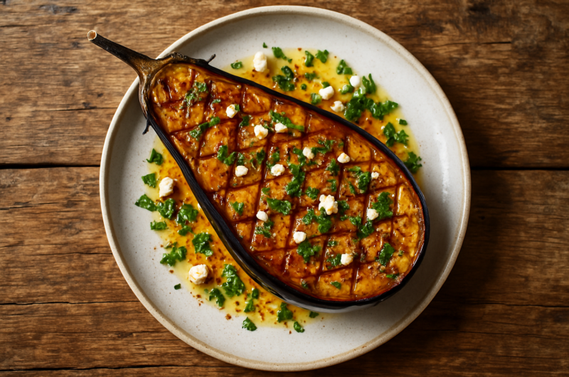 Moitiés d'aubergines rôties au four avec ail, huile d'olive et herbes fraîches