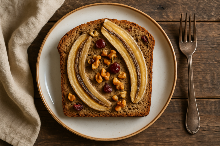 Tranches de banana bread healthy aux flocons d'avoine et noix sur une planche en bois