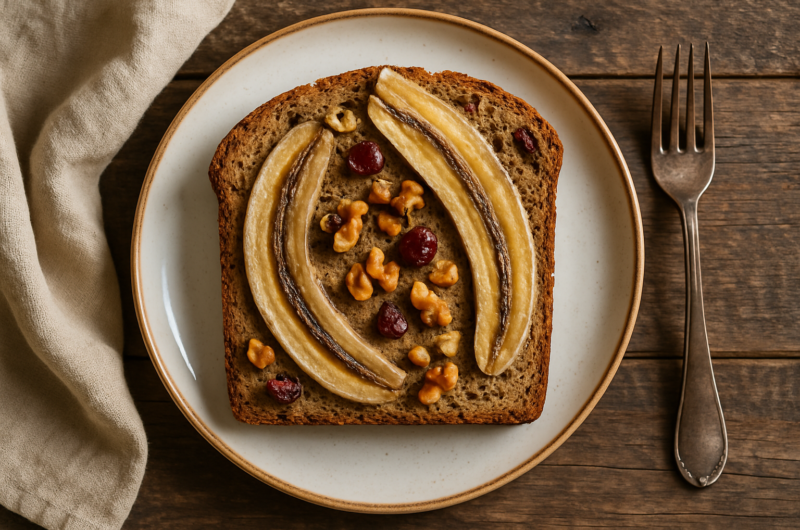 Tranches de banana bread healthy aux flocons d'avoine et noix sur une planche en bois