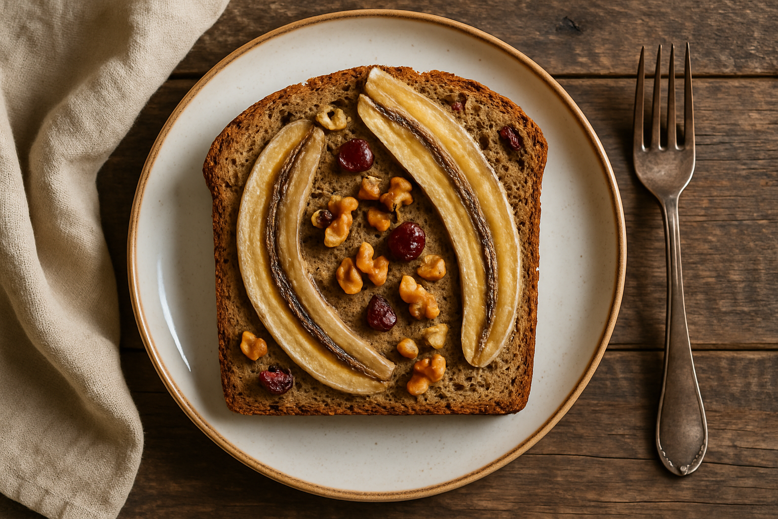 Tranches de banana bread healthy aux flocons d'avoine et noix sur une planche en bois