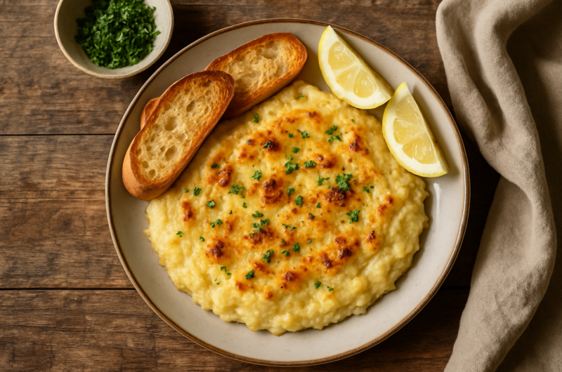 Gratin de brandade de morue doré au four dans un plat en terre cuite