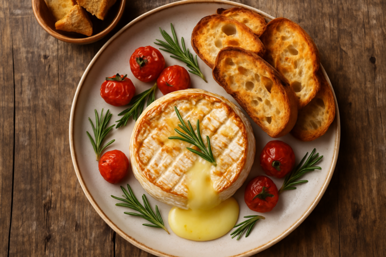 Camembert fondu au four dans sa boîte avec miel, romarin et noix