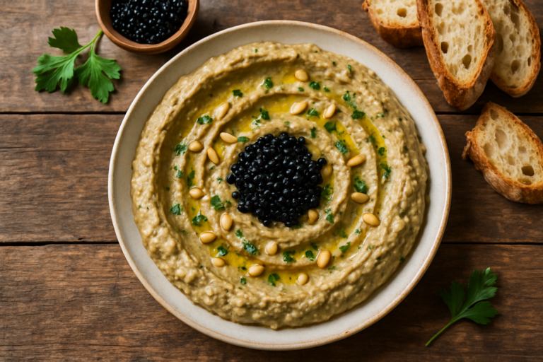 Caviar d'aubergine maison dans un bol avec huile d'olive et pita grillée