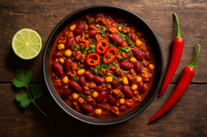 Bol de chili con carne traditionnel avec haricots rouges, viande hachée et épices