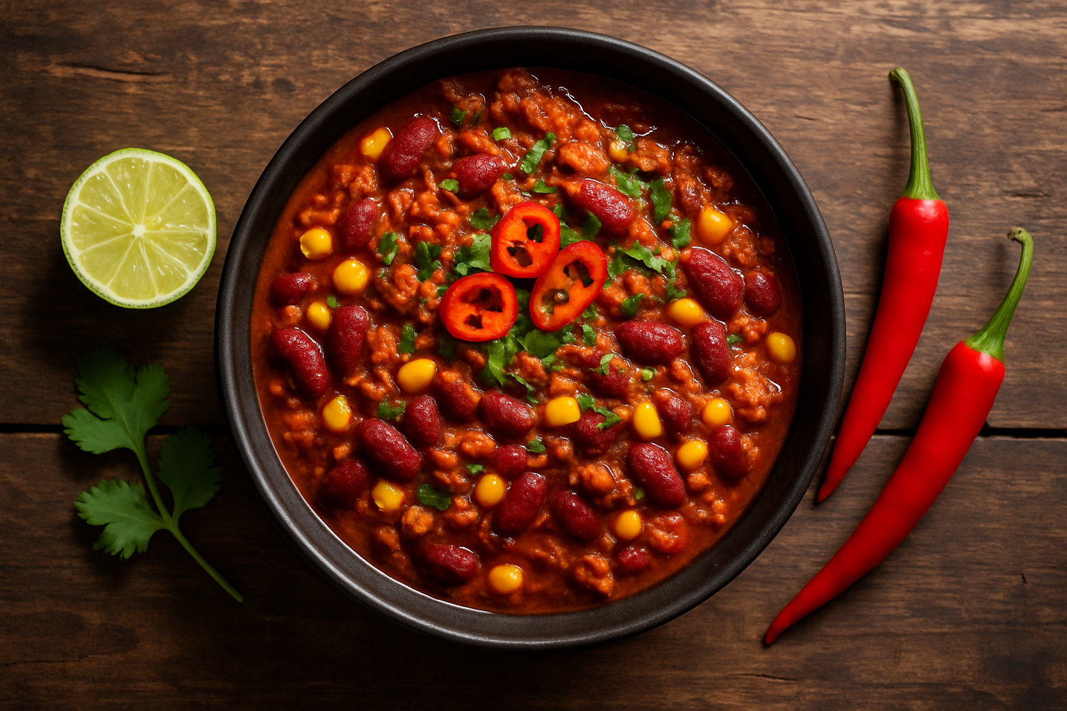 Bol de chili con carne traditionnel avec haricots rouges, viande hachée et épices
