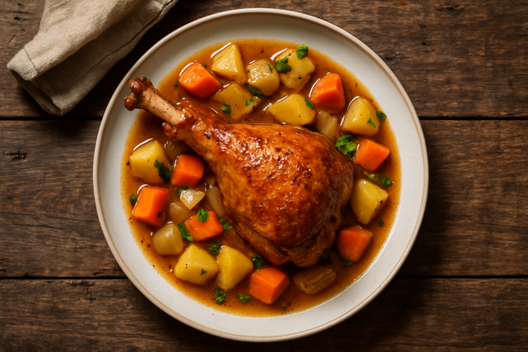Cuisse de dinde dorée au four avec jus de viande et herbes aromatiques