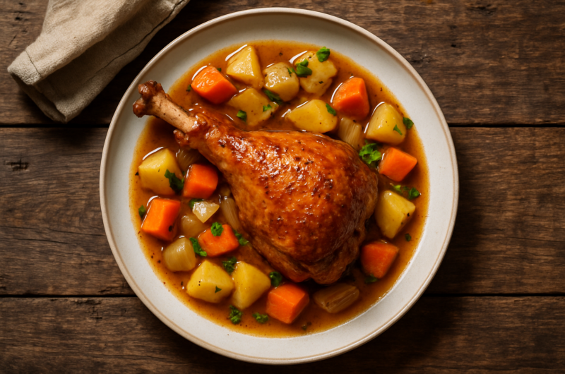 Cuisse de dinde dorée au four avec jus de viande et herbes aromatiques