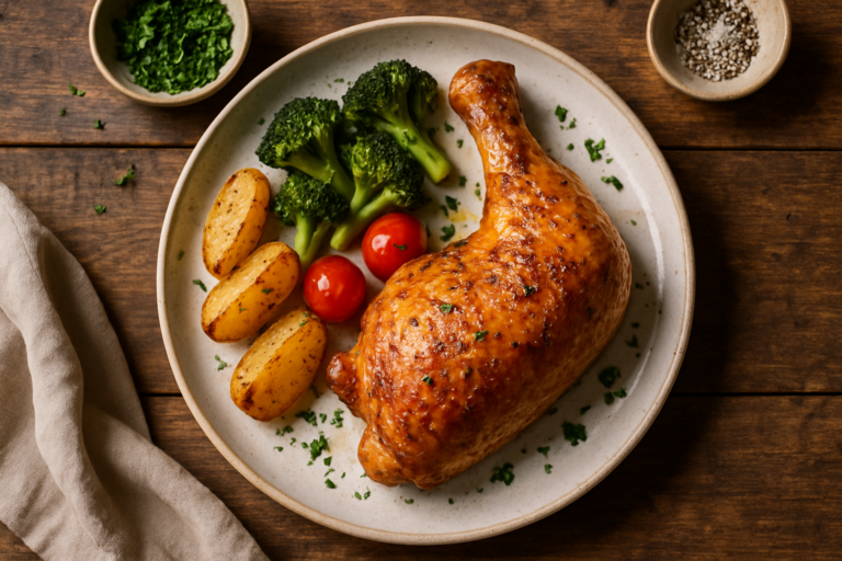 Cuisses de poulet dorées et croustillantes sortant du four sur une plaque de cuisson