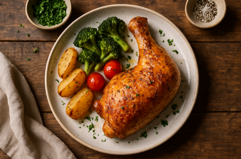 Cuisses de poulet dorées et croustillantes sortant du four sur une plaque de cuisson