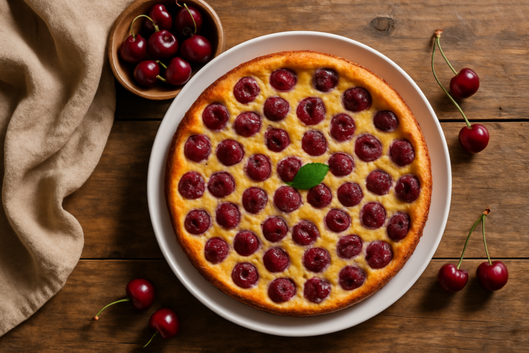 Clafoutis aux cerises doré dans un plat à tarte avec cerises entières apparentes