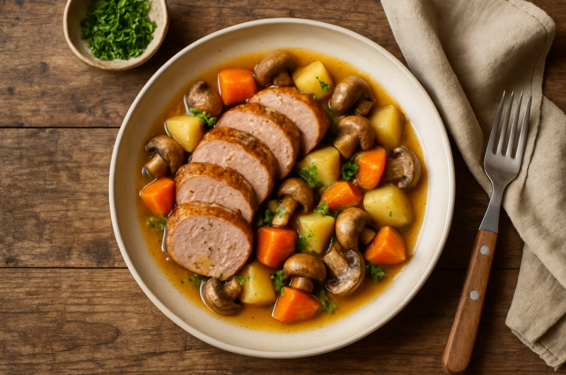 Filet mignon de porc en cocotte avec sauce crémeuse et herbes fraîches