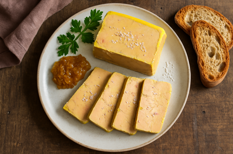 Terrine de foie gras mi-cuit tranchée avec fleur de sel et pain brioché toasté