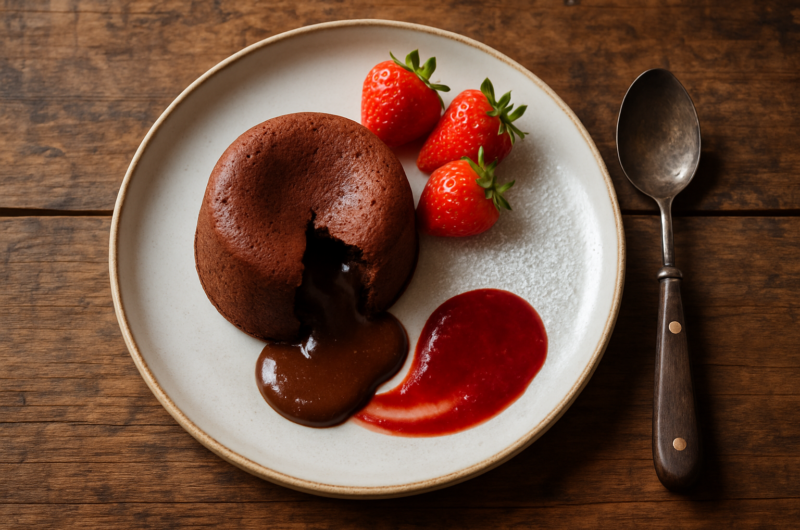 Fondant au chocolat cœur coulant ouvert avec chocolat fondu qui s'écoule