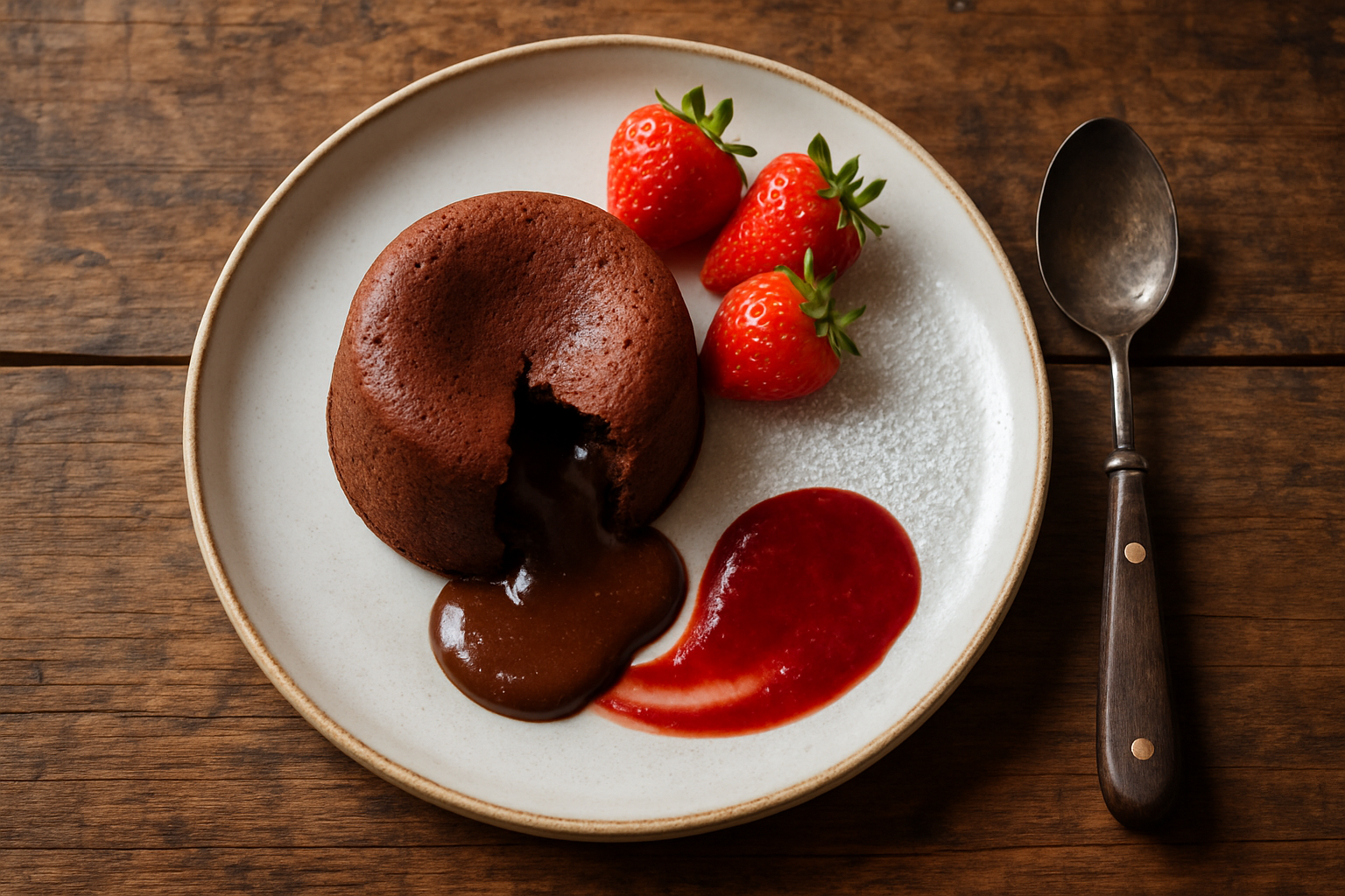 Fondant au chocolat cœur coulant ouvert avec chocolat fondu qui s'écoule