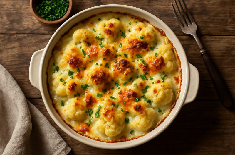 Gratin de chou-fleur doré au four dans un plat à gratin avec béchamel gratinée