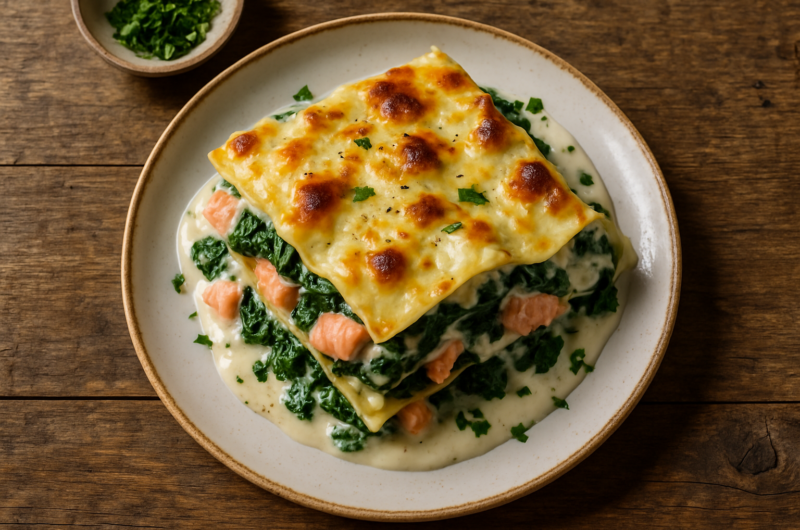 Part de lasagne saumon épinard crémeuse avec béchamel gratinée sur une assiette