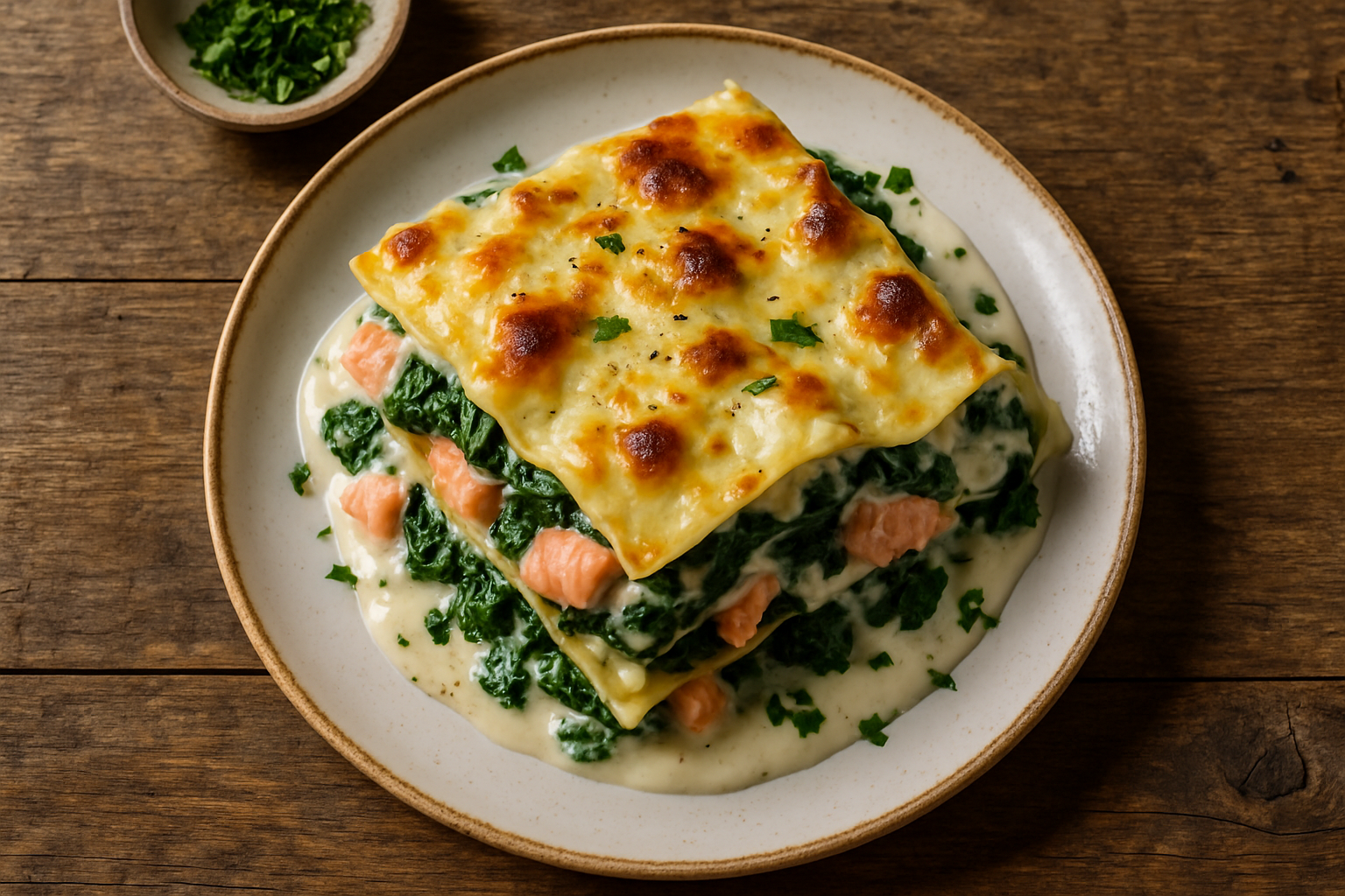 Part de lasagne saumon épinard crémeuse avec béchamel gratinée sur une assiette