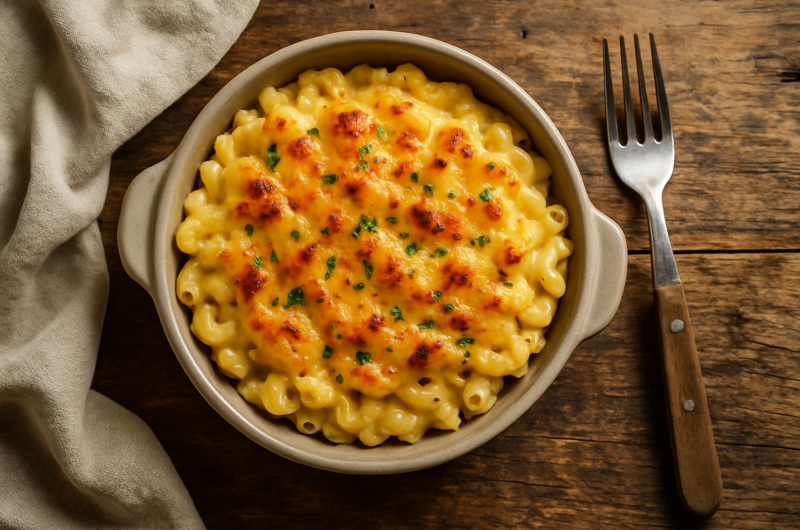Mac and cheese crémeux et gratiné dans un plat à four avec chapelure dorée