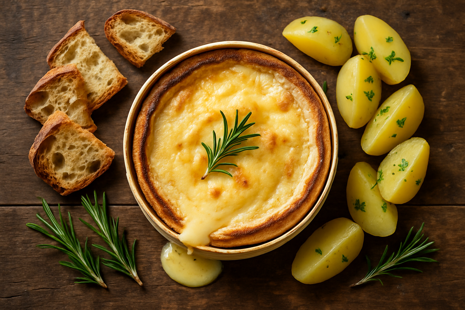 Mont d'or fondu au four dans sa boîte en bois avec ail et vin blanc