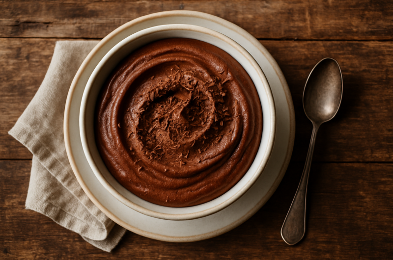 Verrine de mousse au chocolat noir avec copeaux de chocolat sur le dessus