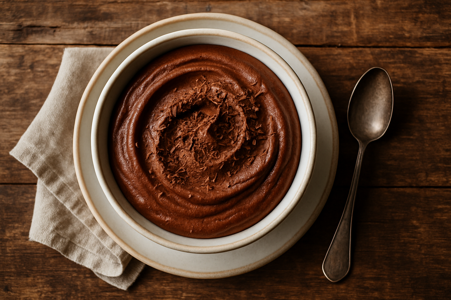 Verrine de mousse au chocolat noir avec copeaux de chocolat sur le dessus