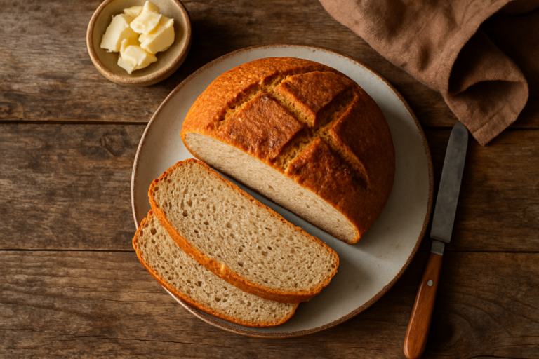 Miche de pain sans gluten maison tranché avec mie moelleuse sur une planche en bois