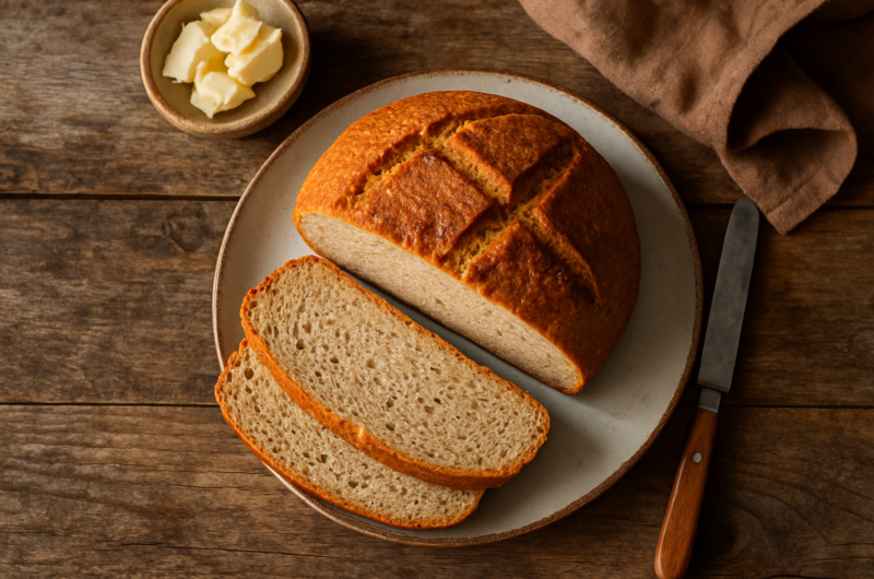 Miche de pain sans gluten maison tranché avec mie moelleuse sur une planche en bois