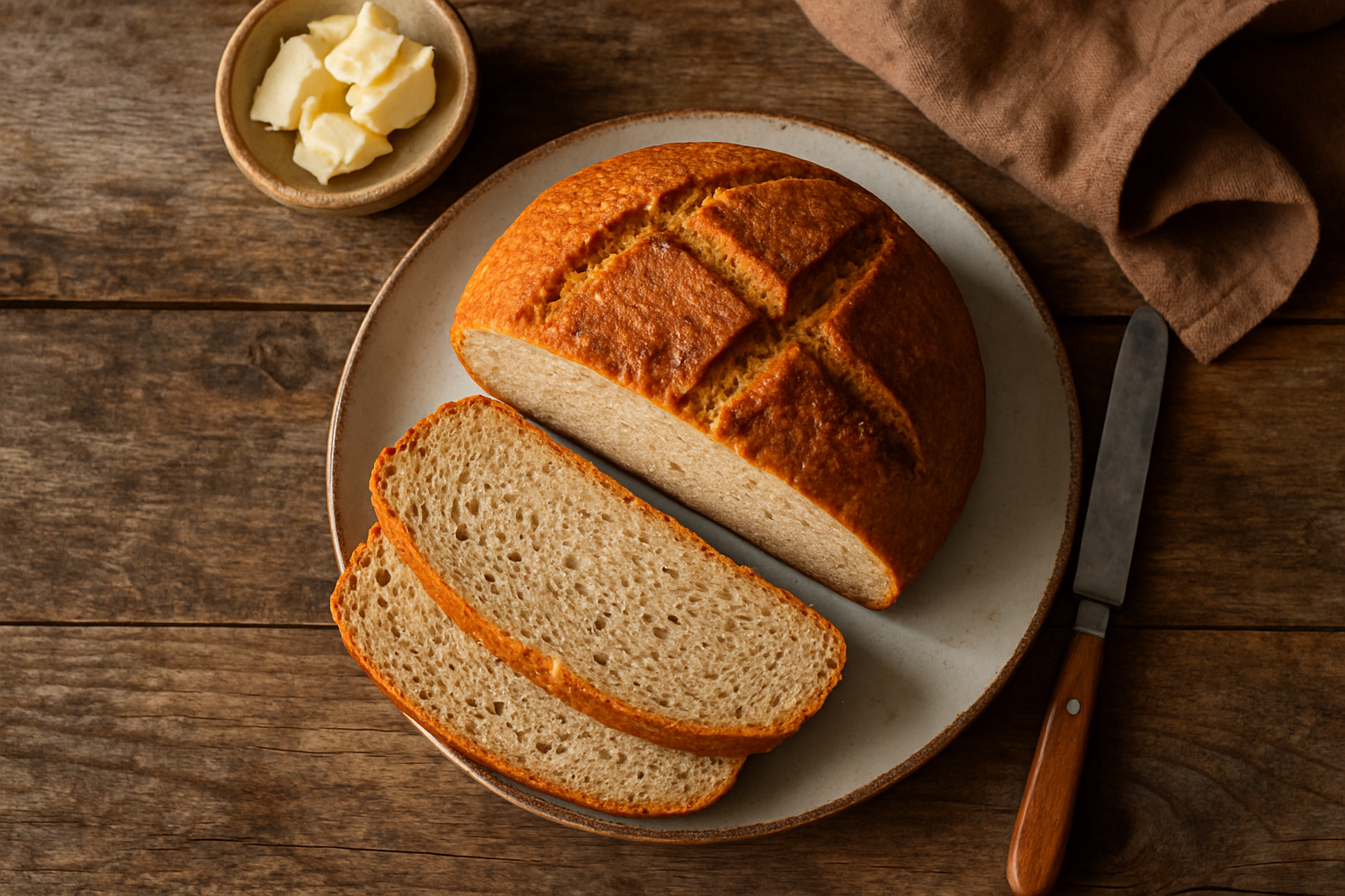 Miche de pain sans gluten maison tranché avec mie moelleuse sur une planche en bois