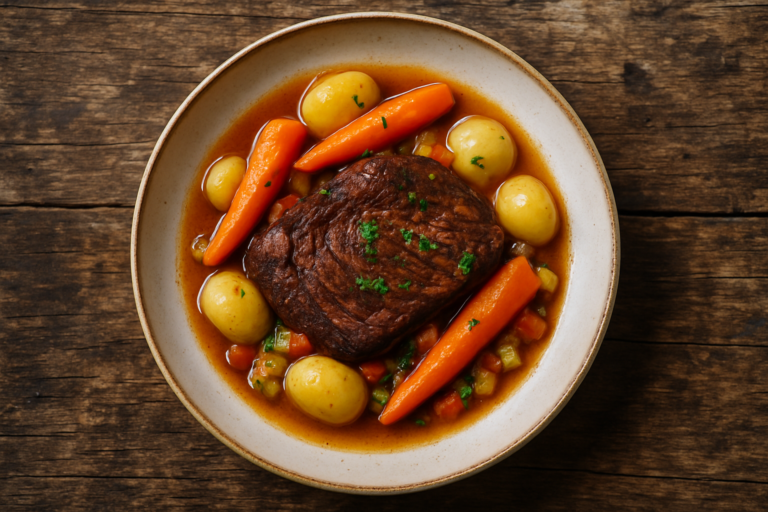 Paleron de bœuf mijoté dans une cocotte en fonte avec carottes et bouquet garni