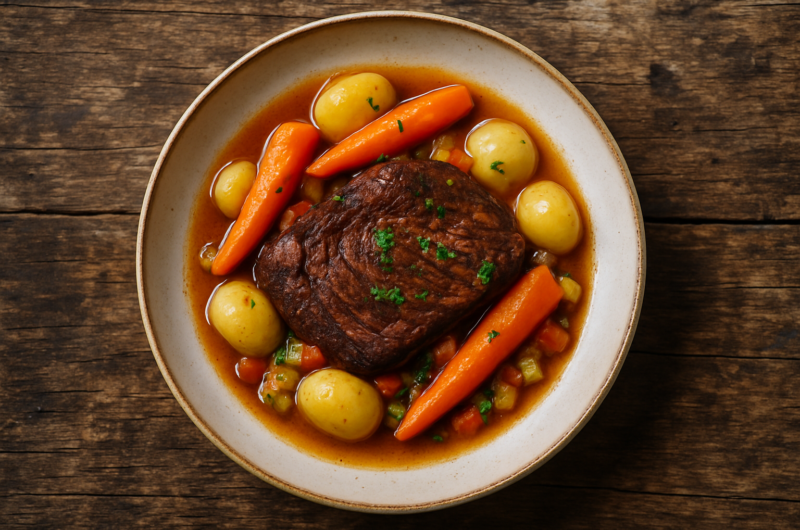 Paleron de bœuf mijoté dans une cocotte en fonte avec carottes et bouquet garni