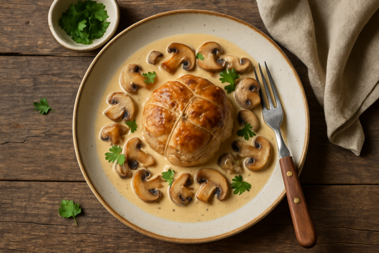 Paupiettes de veau mijotées dans une sauce crémeuse aux champignons dans une cocotte