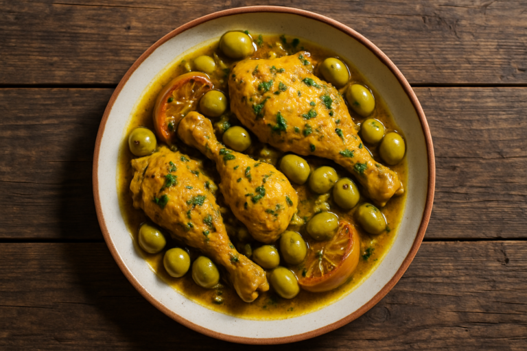 Tajine de poulet aux olives vertes et citron confit avec épices marocaines