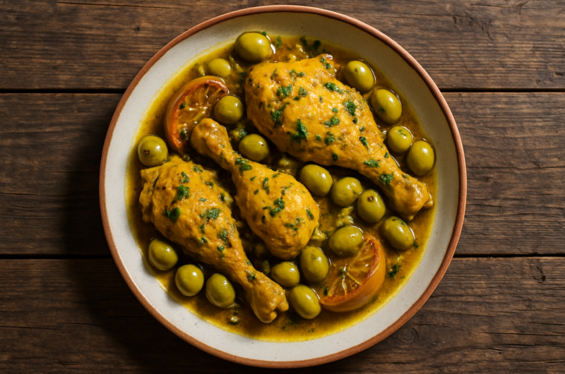 Tajine de poulet aux olives vertes et citron confit avec épices marocaines