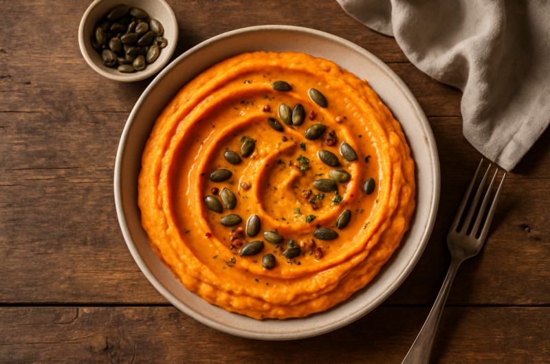 Bol de purée de patate douce onctueuse avec une noisette de beurre et des épices